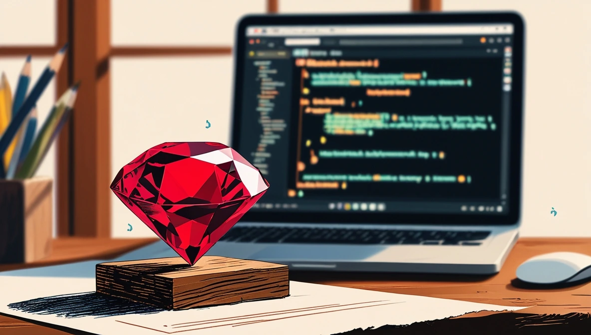 Red ruby gemstone on wooden desk next to laptop with code in background